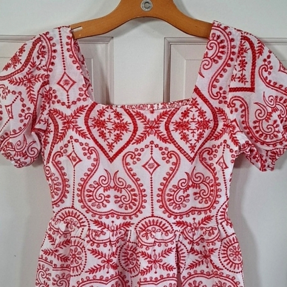 NWT Embroidered So Me 100% Cotton  Red/wht Eyelet Babydoll Dress Empire Waist - Picture 2 of 12